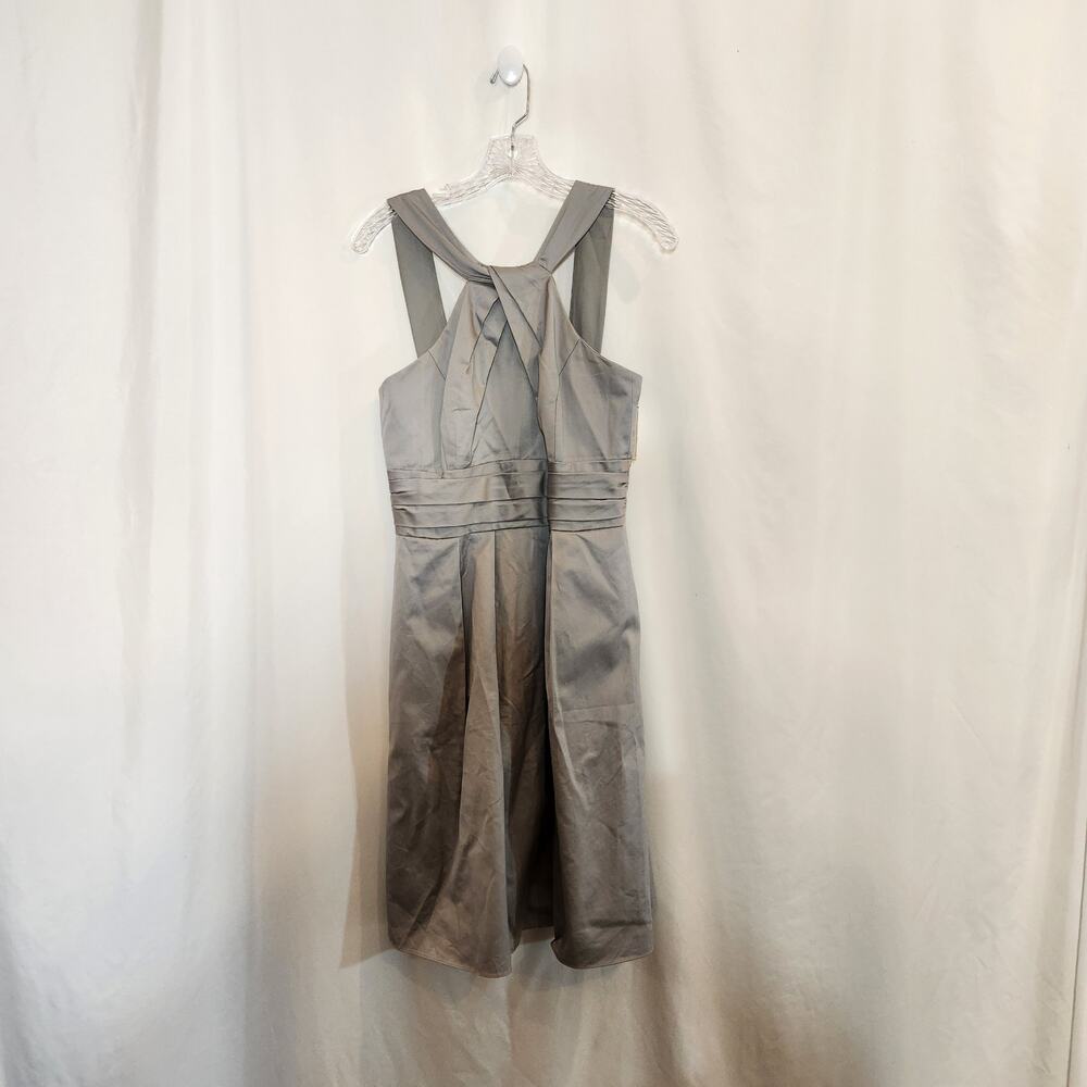 DAVIDS BRIDAL Grey Mercury Y Neck Twist Knot Halter Lined Mini Dress Women 6 NEW